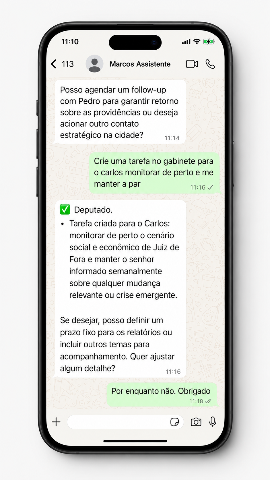 WhatsApp — criando tarefa no gabinete para o Carlos
